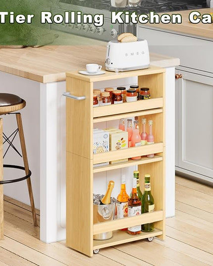 MARTY Rolling Storage Cart 7.9" W, 4-Tier Narrow Kitchen Cart on Wheels Laundry Room Organization with Handle Mobile Shelving Utility Cart Multi-Functional Trolley for Kitchen Bathroom (Maple) - LeafyLoom