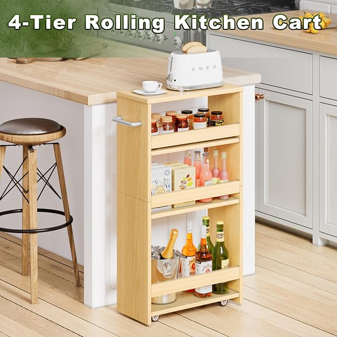 MARTY Rolling Storage Cart 7.9" W, 4-Tier Narrow Kitchen Cart on Wheels Laundry Room Organization with Handle Mobile Shelving Utility Cart Multi-Functional Trolley for Kitchen Bathroom (Maple) - LeafyLoom