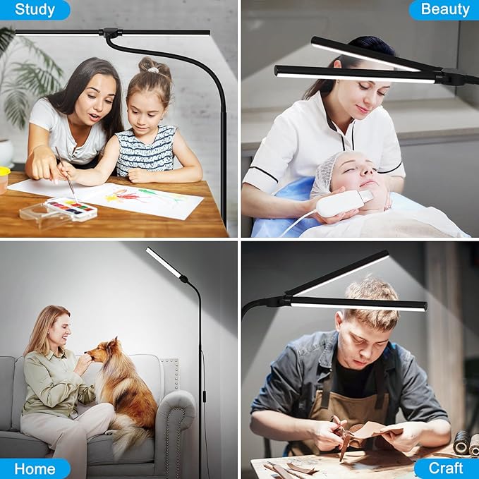 LED Floor Lamp, 15W/1800LM Bright Reading Floor Lamp for Office with Double Head, Adjustable Gooseneck Dimmable Modern Standing Light for Lash Extension Craft, Eye Caring Floor Lamps for Living Room - LeafyLoom