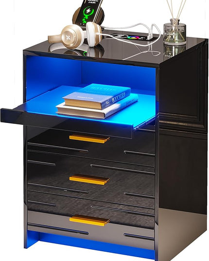HNEBC RGB LED Nightstand with Wireless Charging Station, Smart Night Stand with 3 Drawers and Sliding Tray, Modern Bedside Table for Bedroom Furniture, High Gloss End Sofa Tables (B Black) - LeafyLoom