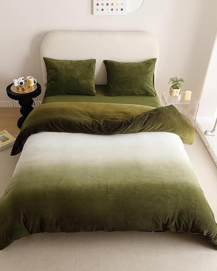 Wellboo Army Green Gradient Comforter Sets Full Green White Fluffy Bedding Comforters Modern Gradient Dark Green Flannel Quilts Farmhouse Abstract Art Watercolor Comforters Sherpa Fuzzy Plush Bedding - LeafyLoom