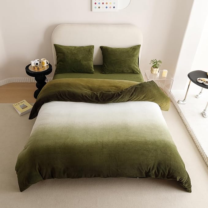 Wellboo Army Green Gradient Comforter Sets Full Green White Fluffy Bedding Comforters Modern Gradient Dark Green Flannel Quilts Farmhouse Abstract Art Watercolor Comforters Sherpa Fuzzy Plush Bedding - LeafyLoom