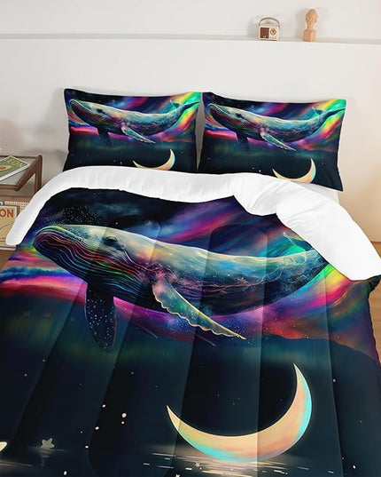 HOSIMA 3D Whale Galaxy Bedding Comforter Sets,Stars Moon Comforter Starry Room Decor Aesthetics,Ocean Theme Marine Life Whale Comforter with 2 Pillowcases Full Size Bed in a Bag Set for Adults Kids. - LeafyLoom