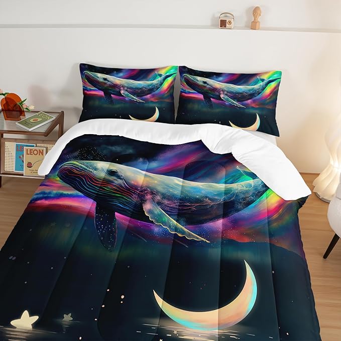 HOSIMA 3D Whale Galaxy Bedding Comforter Sets,Stars Moon Comforter Starry Room Decor Aesthetics,Ocean Theme Marine Life Whale Comforter with 2 Pillowcases Twin Bed in a Bag Sets for Adults Kids. - LeafyLoom
