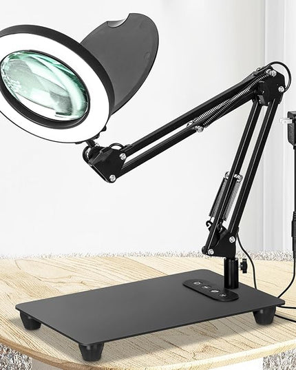 HITTI 10X Magnifying Glass with Light and Stand, Upgrade Base Button, 3 Color Modes Stepless Dimmable Magnifying Lamp, Adjustable Swing Arm LED Lighted Magnifier for Crafts Soldering Hobby - LeafyLoom