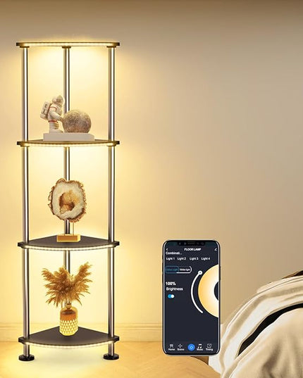 RGB Floor Lamp with Shelves Tall Lamp with Wireless Charger & USB Port Ambiance Lighting with Music Sync Dimmable and Timing Standing Lamp for Bedroom 4 Tier Black - LeafyLoom