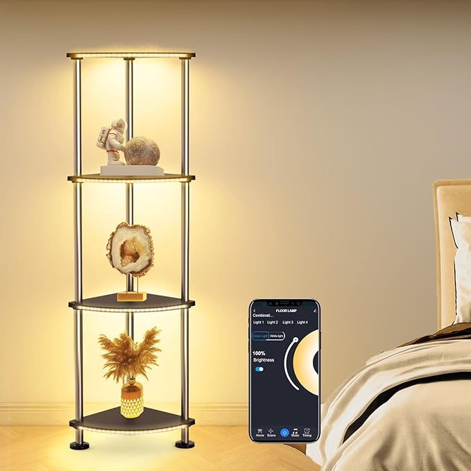 RGB Floor Lamp with Shelves Tall Lamp with Wireless Charger & USB Port Ambiance Lighting with Music Sync Dimmable and Timing Standing Lamp for Bedroom 4 Tier Black - LeafyLoom