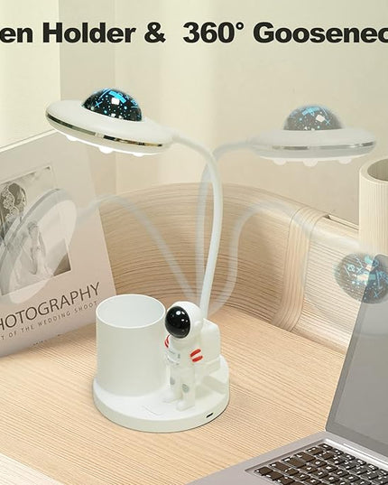 LED Desk Lamp for Kids, Astronaut cute Small Desk Lamp with USB Charging Port, Pen Holder, projection night lights for kids, White desk Lamp, Eye-Caring Study Table Lamp for boys Bedroom - LeafyLoom