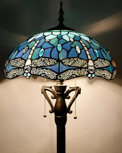 Tiffany Floor Lamp Stained Glass Standing Reading Lamp 16X16X66 Inches Antique Pole Corner Light for Bedroom Living Room Home Office (Blue Dragonfly) - LeafyLoom