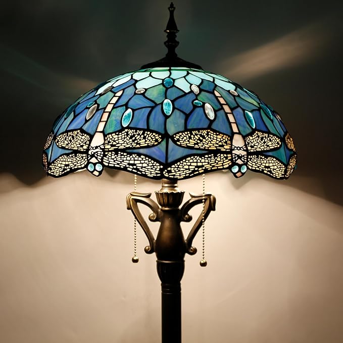 Tiffany Floor Lamp Stained Glass Standing Reading Lamp 16X16X66 Inches Antique Pole Corner Light for Bedroom Living Room Home Office (Blue Dragonfly) - LeafyLoom