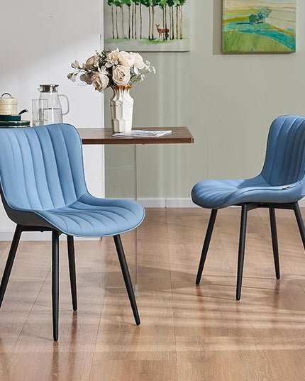 YOUNUOKE Blue Dining Chairs Set of 2 Upholstered Mid Century Modern Kitchen Dinner Chair Armless Faux Leather Guest Waiting Room Side Chair with Padded Backrest Metal Legs for Living Room Bedroom - LeafyLoom