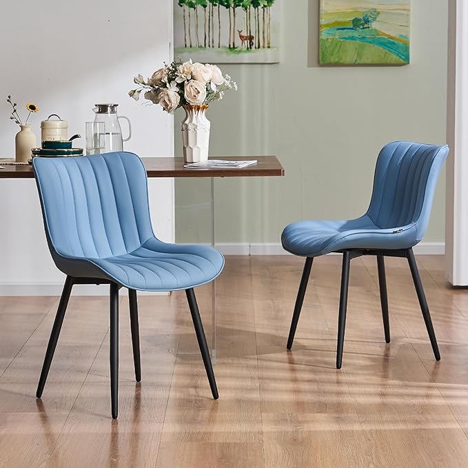 YOUNUOKE Blue Dining Chairs Set of 2 Upholstered Mid Century Modern Kitchen Dinner Chair Armless Faux Leather Guest Waiting Room Side Chair with Padded Backrest Metal Legs for Living Room Bedroom - LeafyLoom
