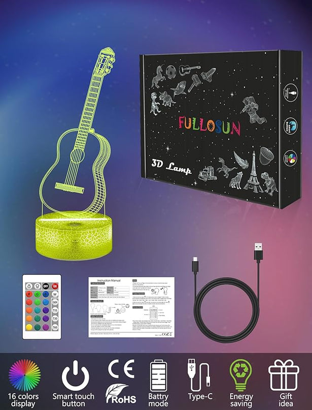 FULLOSUN Guitar Gift, Kids Guitar Night Light (with Remote Control), 3D Illumination Lights Boys Gift 16 Colors Changeable Kids Room Lighting Creative Decoration... (Guitar) - LeafyLoom