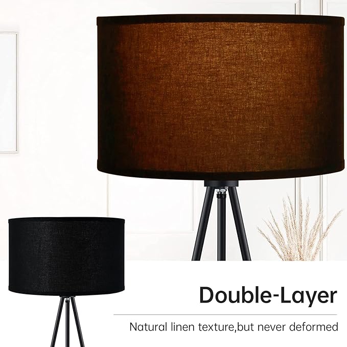 BoostArea Floor Lamp for Living Room, Tripod Floor Lamp, 15W LED Bulb, 3 Levels Dimmable Brightness, Black Linen Lamp Shade, Mid Century Standing Lamp for Living Room, Bedroom, Study Room and Office - LeafyLoom