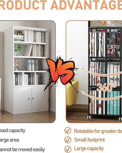 Rotating Bookcase Black 3 Tiers Metal Bookshelf, 360°Cubic Large Capacity for Small Space with Storage and Creative Multi-Layer Shelves,Magazine&Books for Bedroom Living Room Study and Office - LeafyLoom