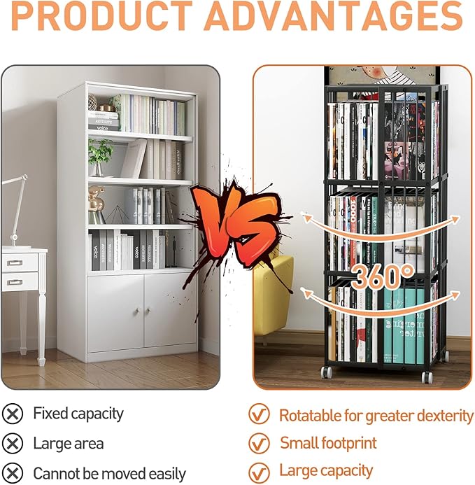 Rotating Bookcase Black 3 Tiers Metal Bookshelf, 360°Cubic Large Capacity for Small Space with Storage and Creative Multi-Layer Shelves,Magazine&Books for Bedroom Living Room Study and Office - LeafyLoom