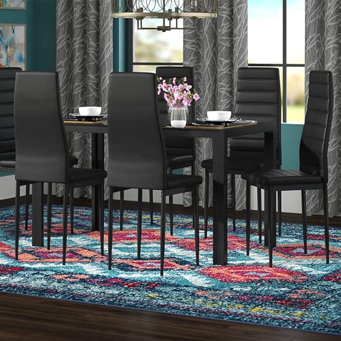 MLM-17429-6-BK-SET 7 Piece Modern Glass Dining Table Set, Elegant Style Anti Dirt-51.2" X 27.6" X 29.5 ", Black - LeafyLoom