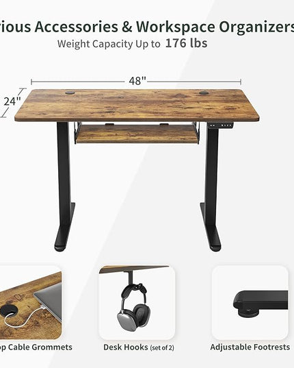 BANTI 48" x 24" Height Adjustable Electric Standing Desk with Keyboard Tray, Sit Stand up Desk with Splice Board, Black Frame/Rustic Brown Top - LeafyLoom