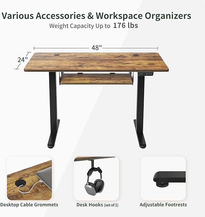 BANTI 48" x 24" Height Adjustable Electric Standing Desk with Keyboard Tray, Sit Stand up Desk with Splice Board, Black Frame/Rustic Brown Top - LeafyLoom