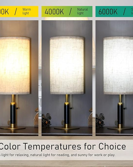 3-Color Temperatures Bedside Table Lamp for Nightstand Living Room Lamps for Bedroom Wood Fabric Pull Chain Switch Small Desk Lamps Home Office End Table Room Decor (Light Brown+Brass) - LeafyLoom
