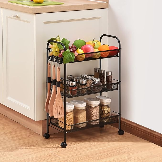 TOOLF 3-Tier Metal Rolling Cart, Mesh Wire Easy Assemble Utility Cart, Storage Trolley on Wheels with 3 Hooks, MetalStorage Shelving Units for Kitchen Bathroom Laundry Room - LeafyLoom