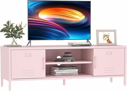 TV Stand for 55 60 inch TV, Metal TV Cabinet Modern Mid Century Entertainment Center with Storage, TV Industrial Media Console Table 2 Cabinet for Living Room, Bedroom, Office (Pink) - LeafyLoom