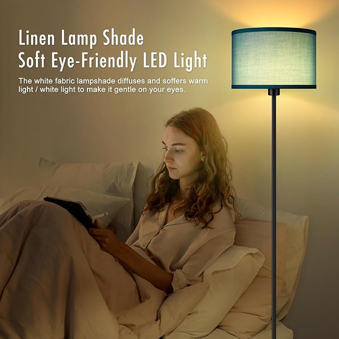 BoostArea Floor Lamp Standing Lamp, LED Floor Lamp with 3 Dimmable Levels, Simple Floor Lamp with Linen Lampshade, On/Off Footswitch, Black Floor Lamps for Living Room/Bedroom, Green(without Bulb) - LeafyLoom