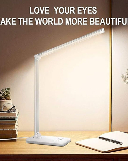 LED Desk Lamp Dimmable Table Lamp Reading Lamp with USB Charging Port, 5 Lighting Modes, Sensitive Control, 30/60 Minutes Auto-Off Timer, Eye-Caring Office Lamp - LeafyLoom