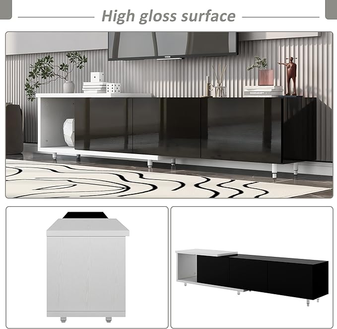 85 Inch TV Stand, Modern,Stylish Television Stands with Storage Shelf, 3 Drawers and Adjustable Feet, High Gloss Entertainment Center for Living Room, Black - LeafyLoom