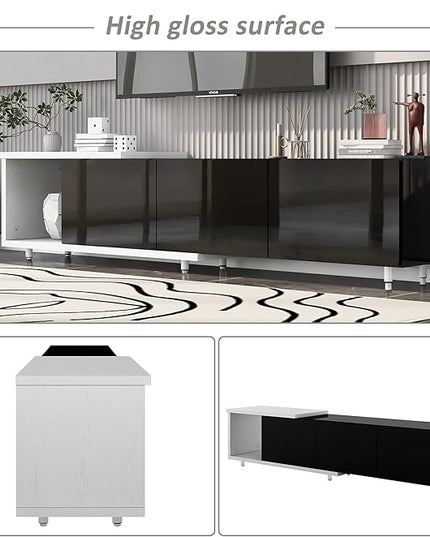 TV Stand for 80+Inch, Gaming Entertainment Center with Open Shelf & Storage Cabinets, Solid Wood Feet, Cord Holes, Stylish Media Console for Living Room, Bedroom, Black, Full - LeafyLoom