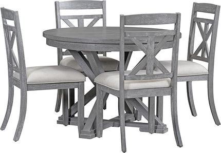 5-Piece Extendable Dining, Functional Retro Style Round Table Set with 4 Upholstered Chairs for Kitchen Living Room, Gray - LeafyLoom