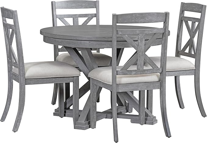 5-Piece Extendable Dining, Functional Retro Style Round Table Set with 4 Upholstered Chairs for Kitchen Living Room, Gray - LeafyLoom