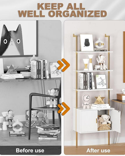 Gadroad Ladder Bookshef with Cabinet, Wall Mounted Bookcases, 5 Tier Tall Open Display Rack, 73" Metal Industrial Bookshelf, Storage Shelves for Livingroom, Home Office, Gold - LeafyLoom