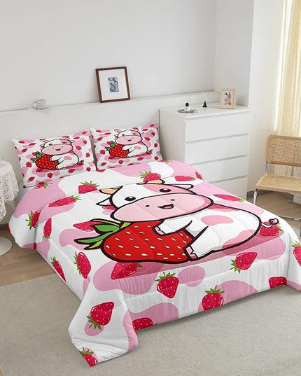 Feelyou Milk Cow Comforter Pink White Cow Strawberry Comforter Set Bedding Set for Kids Adults Kawaii Girls Milk Cow Print Duvet Set Soft Room Decor King Size Quilt Boys - LeafyLoom