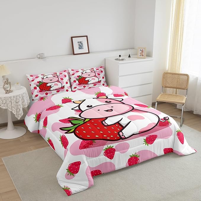 Feelyou Milk Cow Comforter Pink White Cow Strawberry Comforter Set Bedding Set for Kids Adults Kawaii Girls Milk Cow Print Duvet Set Soft Room Decor King Size Quilt Boys - LeafyLoom