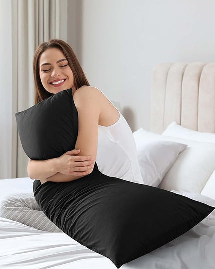 WhatsBedding Memory Foam Body Pillow with Breathable Zippered Cotton Cover, Full Body Pillow for Adults, Long Pillow for Sleeping, Firm Body Pillow Fluffy Supportive - Black - LeafyLoom