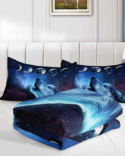 Wolf Comforter Set Galaxy Night Moon Bedding Set 3Pcs Howling Wolf Down Lunar Eclipse Bed Set for Kids Teens Room Decor Wild Animals Comforter with 2 Pillowcases - LeafyLoom