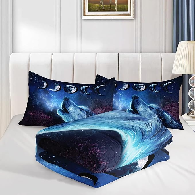 Wolf Comforter Set Galaxy Night Moon Bedding Set 3Pcs Howling Wolf Down Lunar Eclipse Bed Set for Kids Teens Room Decor Wild Animals Comforter with 2 Pillowcases - LeafyLoom