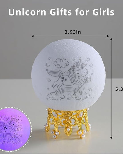 Moon Lamp, 3.9 Inch 3D Moon Night Light Gifts for 3 4 5 6 7 8 9 10 11 12 13+ Year Old Girls Birthday, Unicorn Gifts for Girls Age 3 4 5 6-8+ 16 Colors with Crown Stand & Remote Control - LeafyLoom