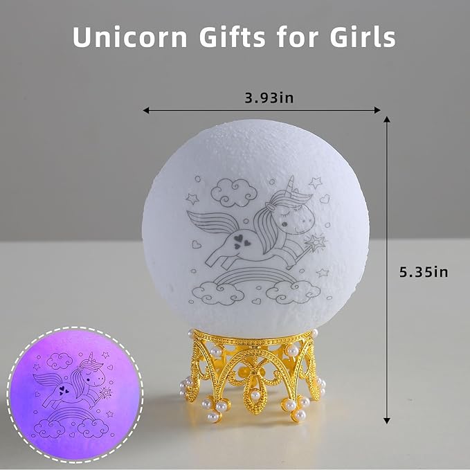 Moon Lamp, 3.9 Inch 3D Moon Night Light Gifts for 3 4 5 6 7 8 9 10 11 12 13+ Year Old Girls Birthday, Unicorn Gifts for Girls Age 3 4 5 6-8+ 16 Colors with Crown Stand & Remote Control - LeafyLoom