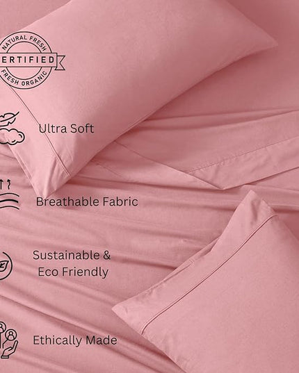 LANE LINEN 100% Organic Cotton Queen Sheets Set, 4-Piece Pure Organic Cotton Percale Sheets Queen, Cotton Bedsheets, Ultra Soft Bedding Sheets, Breathable, Fits Mattress Upto 15" Deep - Rose Dawn - LeafyLoom