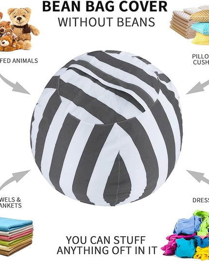 2 PCS Stuffed Animal Storage Bean Bag Chair Cover, Cotton Canvas Beanbag with Zipper for Organizing Kid's and Adults Room Vertical Stripe Grey 24" - LeafyLoom