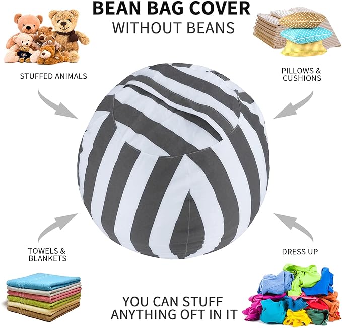 2 PCS Stuffed Animal Storage Bean Bag Chair Cover, Cotton Canvas Beanbag with Zipper for Organizing Kid's and Adults Room Vertical Stripe Grey 24" - LeafyLoom