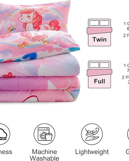 Aimuan Girls Unicorn Comforter Set 3 Pieces Pink Purple Bedding Set with Rainbow Star Galaxy Stars Fantasy Children Room Decor Soft Reversible Bed Sets for Boys/Girls/Teens (Pink Full3Pcs) - LeafyLoom