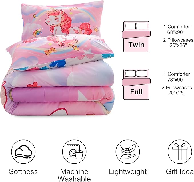 Aimuan Girls Unicorn Comforter Set 3 Pieces Pink Purple Bedding Set with Rainbow Star Galaxy Stars Fantasy Children Room Decor Soft Reversible Bed Sets for Boys/Girls/Teens (Pink Full3Pcs) - LeafyLoom