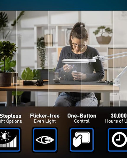 Desk Magnifying Glass with Light - DAEV - 7" Large LED Magnifying Glass with Clamp, Easy Change 5D (2.25X) and 3D (1.75X) Glass. 1600 Lumen, 6500K CCT Dimmable LED Magnifier with Light, White - LeafyLoom