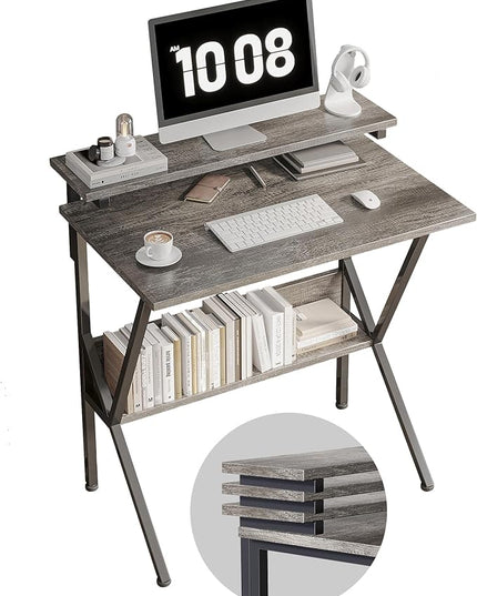 COTUBLR Small Desk, Small Computer Desk for Small Spaces, 27.5 Inch Computer Desk with Adjustable Monitor Stand, Compact Desk with Storage, Tiny Desk Study Desk for Bedroom Home Office, Grey - LeafyLoom