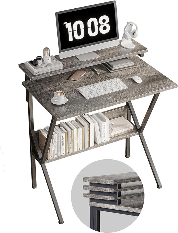 COTUBLR Small Desk, Small Computer Desk for Small Spaces, 27.5 Inch Computer Desk with Adjustable Monitor Stand, Compact Desk with Storage, Tiny Desk Study Desk for Bedroom Home Office, Grey - LeafyLoom
