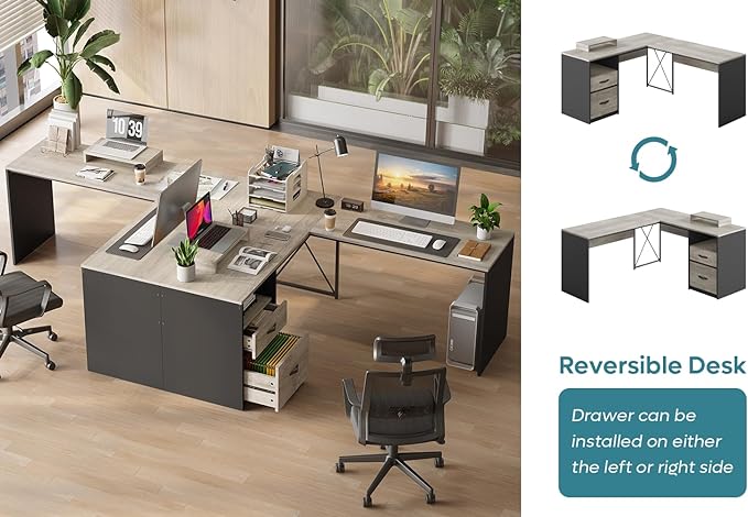 Bestier L Shaped Desk with Drawers, 55 inch Office L Desk with Reversible File Drawer, Industrial Wood Computer Desk with Monitor Stand (Retro Grey Oak Light) - LeafyLoom