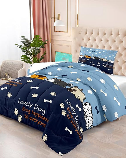 2Pcs Cartoon Dog Comforter Set Twin Comforter Set for Boys Lovely Puppy Patterns Bedding Set Fun Animal Lover Comforter Lovely Dog Paw Bones Quilt with 1 Pillowcase, Twin Size - LeafyLoom